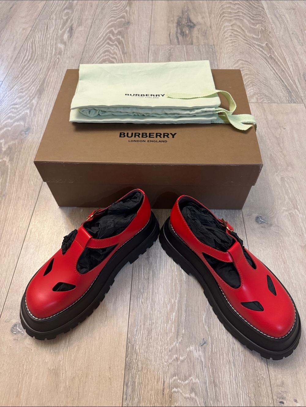 Burberry Red Leather Mary Jane Platform Shoes